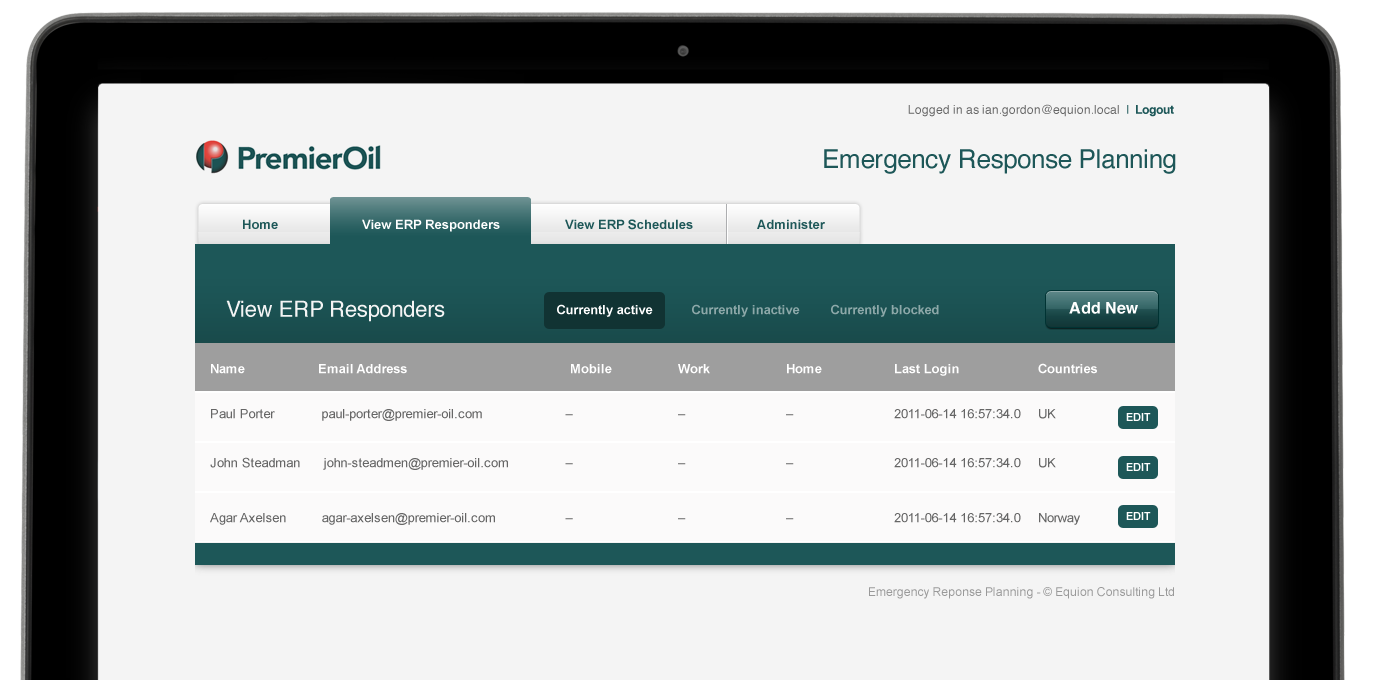Premiier Oil Contacts Application - view responders