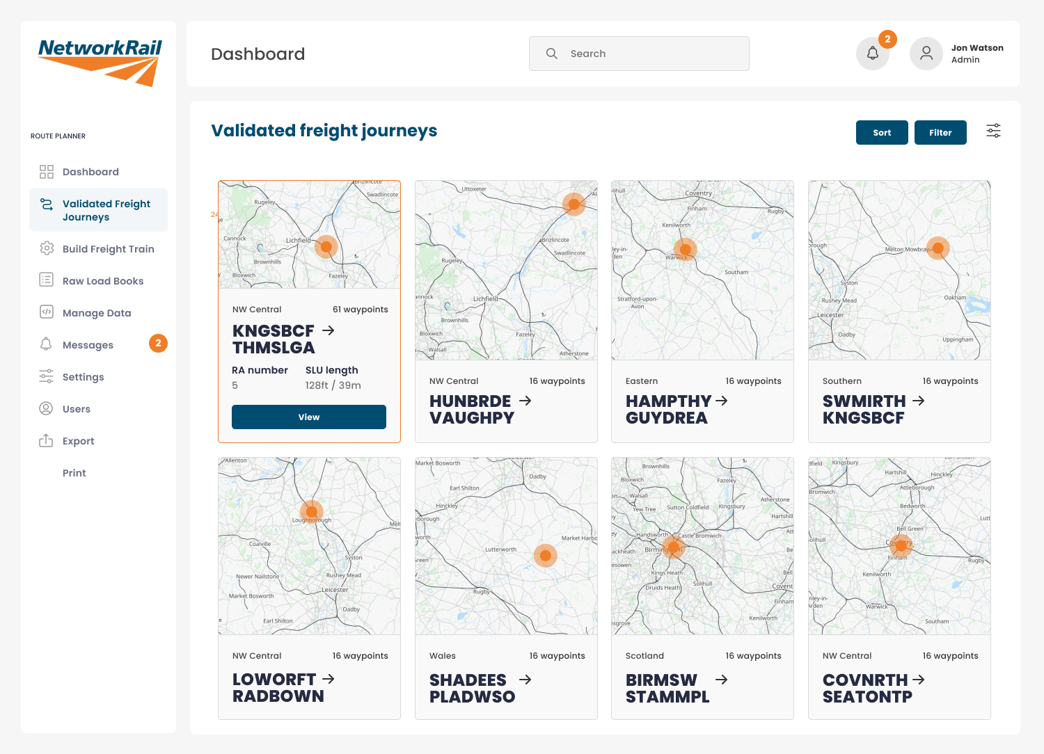 Network Rail List View Dashboard